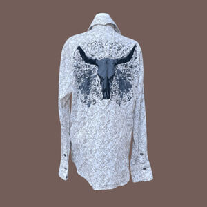 Adiktd Skull Print Shirt | White/Brown | Size M | Vintage Y2K